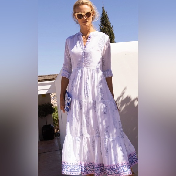 Oliphant Mandarin Aptos Blue White and Blue Paisley Maxi Dress Medium NWT NEW - Picture 3 of 5